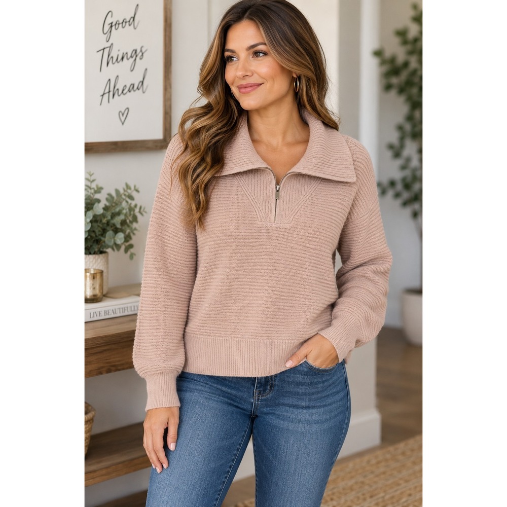 Sonoma Womens Medium Beige 1/4 Zip Sweater Textured Knit Cozy Neutral Fall Layer
